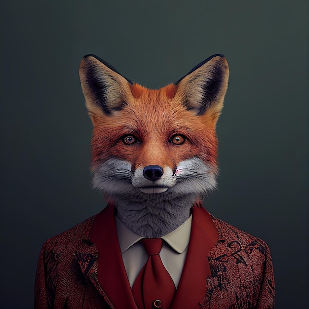 A fox wearing a suit and tie with a red tie.