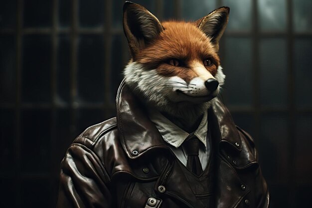 Photo a fox wearing a trench coat and fedora standing in a dark alleyway