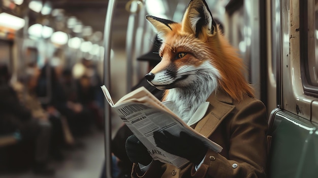Photo a fox wearing a trench coat is reading a newspaper while riding the subway the fox is sitting in a thoughtful pose its eyes focused on the paper