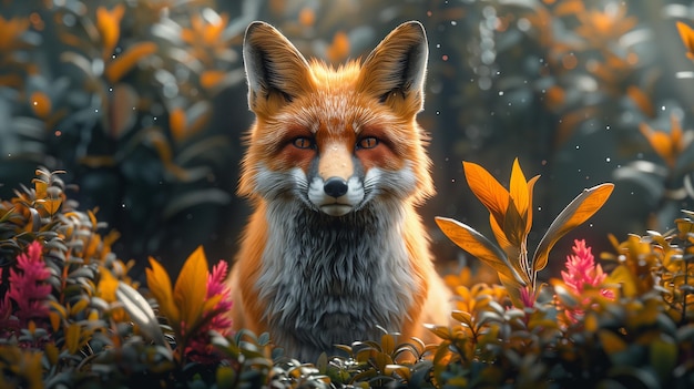 a fox in the wild with flowers and a picture of a fox