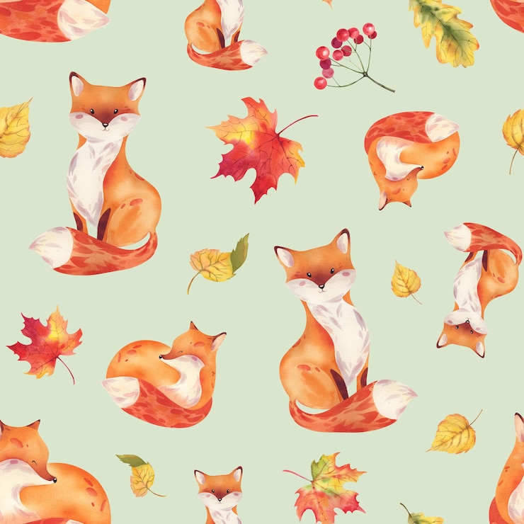 Photo a fox with autumn leaves a handdrawn watercolor illustration seamless pattern with foxes and yellowed maple birch oak and viburnum leaves