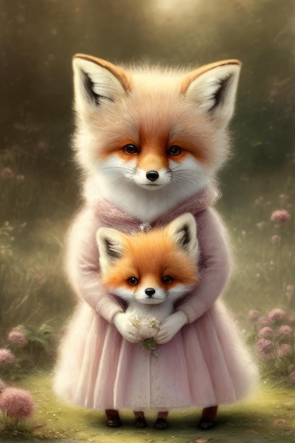 Photo a fox with a baby girl in a pink dress