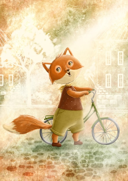 fox with bicycle cute character town