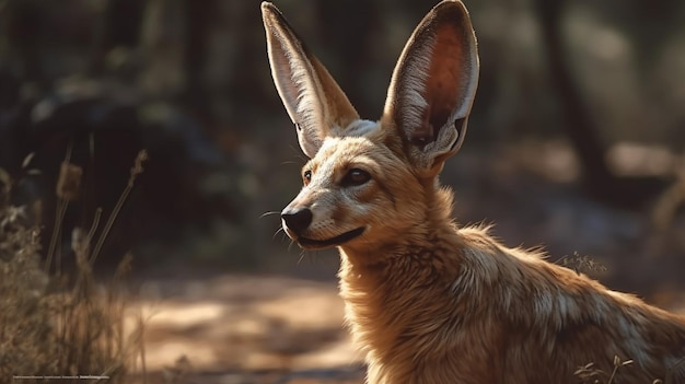 A fox with big ears looks at the camera.