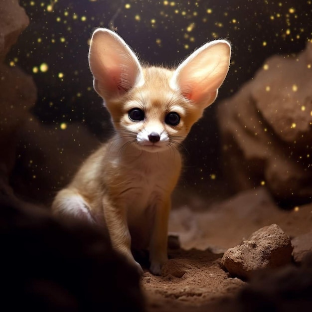 A fox with big ears sits in a cave.