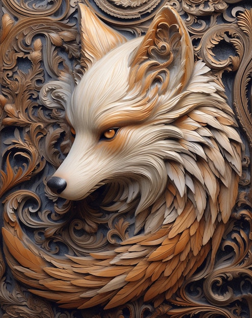 Photo a fox with a blue eye is on a wood carving.