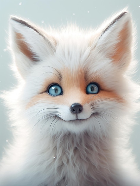 A fox with blue eyes is shown on a white background.