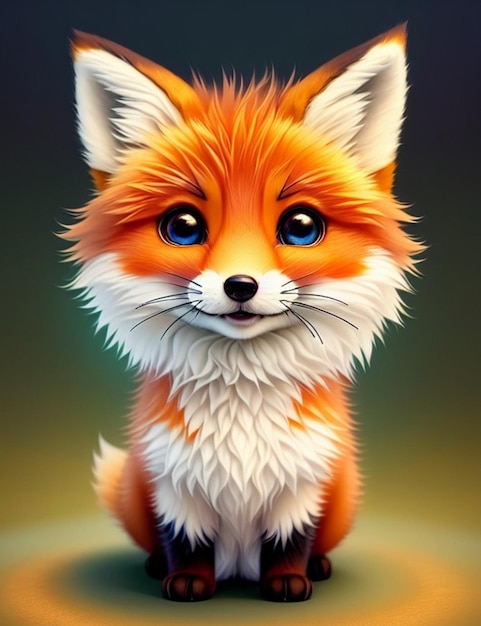 A fox with blue eyes is sitting on a green background.