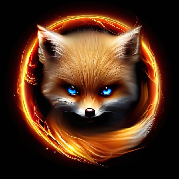 A fox with blue eyes is surrounded by fire.