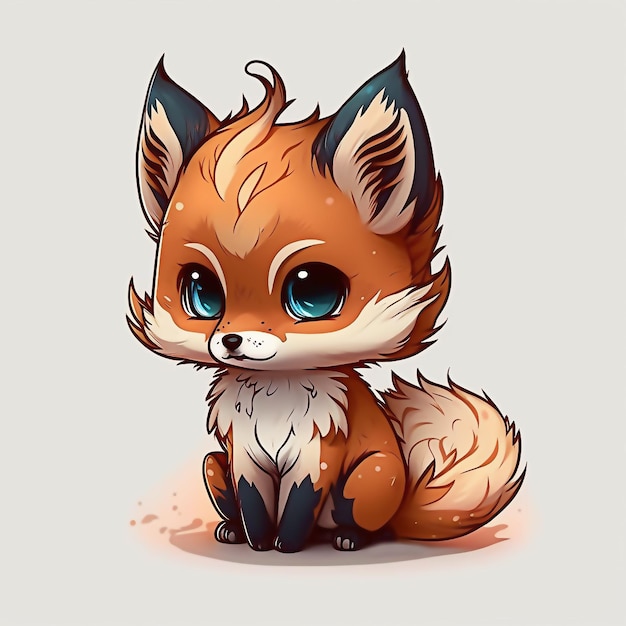 A fox with blue eyes sits on a white background.