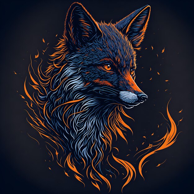 A fox with a blue and orange face is shown in a black background.