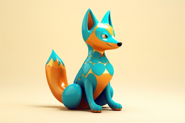 A fox with blue and orange markings sits in front of a yellow background.