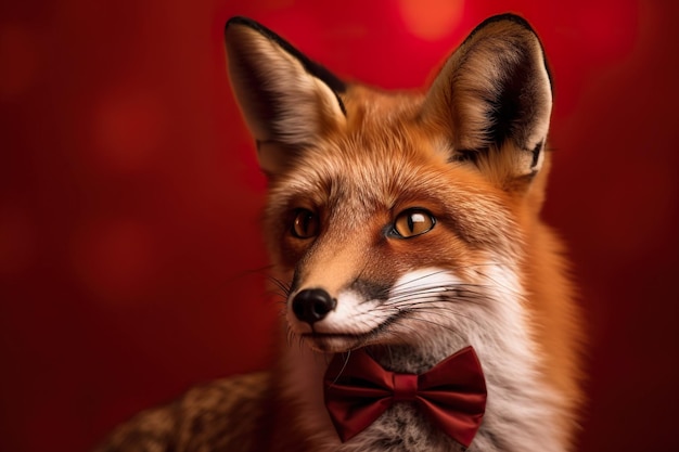 A fox with a bow tie is on a red background.