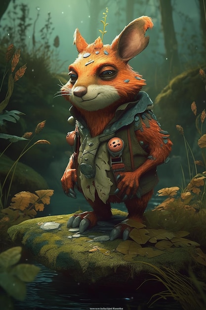 A fox with a button on his chest stands on a rock in a forest.