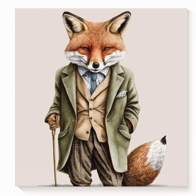 A fox with a cane and a hat