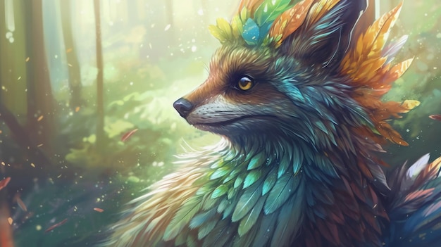 A fox with a colorful head and wings