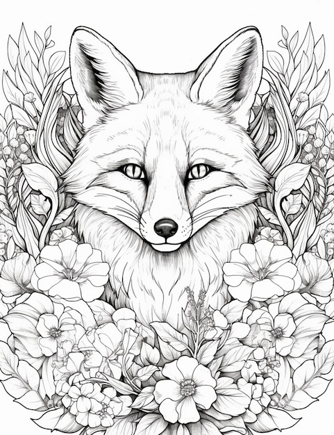 a fox with flowers and leaves in the background generative ai