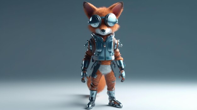 A fox with glasses and a helmet stands in a grey background.