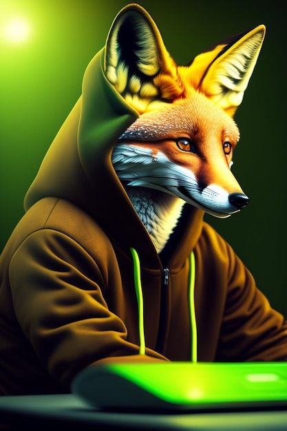 A fox with a green hoodie is shown with a fox head.