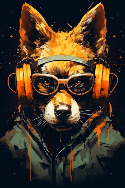 A fox with headphones and glasses.