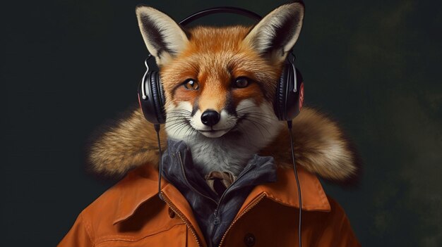 A fox with a headphones and a jacket