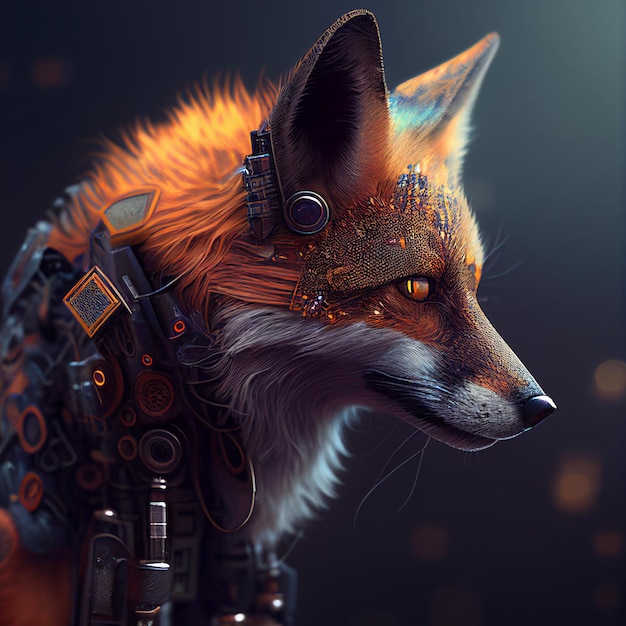 A fox with a helmet and a robot head.