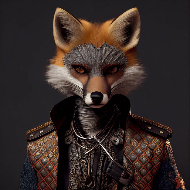 A fox with a jacket and a collar is standing in front of a dark background.