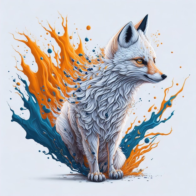 A fox with orange eyes and blue eyes is surrounded by orange and blue flames.