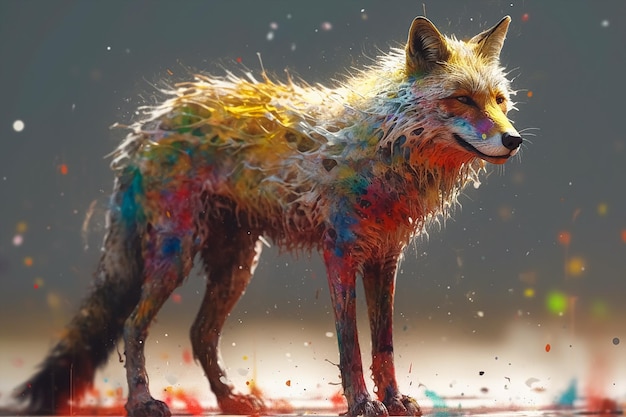 A fox with paint on its fur is painted in bright colors.