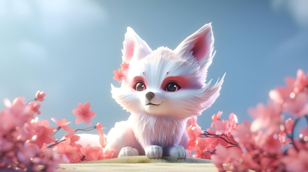 A fox with pink eyes sits on a flowery background.