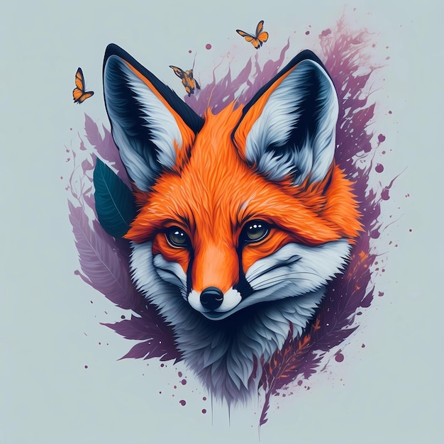 A fox with a purple background and a butterfly on it.