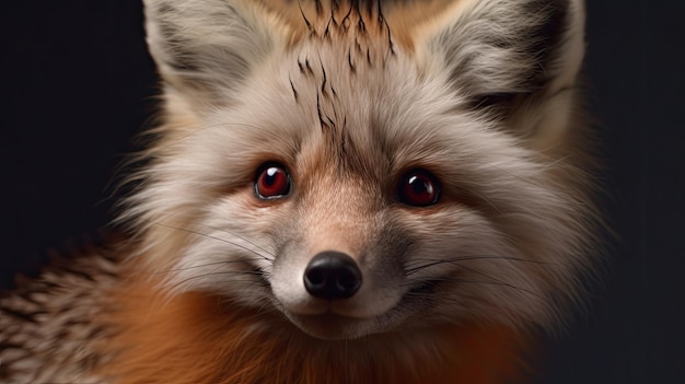 A fox with a red nose and black eyes is looking at the camera.