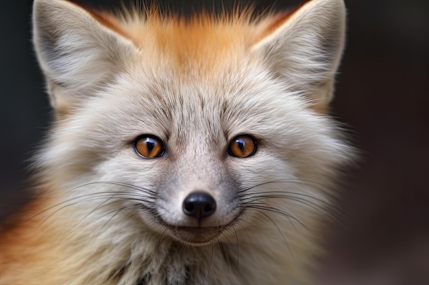 A fox with a red nose and brown eyes is looking at the camera.