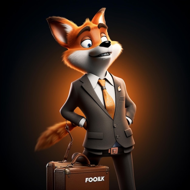 a fox with a suit and a suitcase with the word fox on it