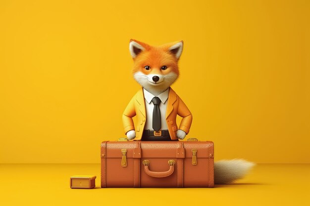 Fox with a suitcase over yellow background travel concept generative ai