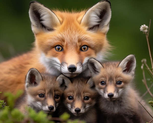 a fox with two small pups in front of him.