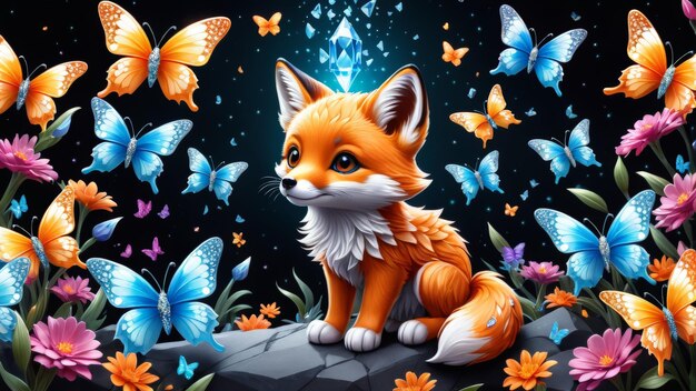 Photo a fox with a white chest sits on a rock with butterflies around it