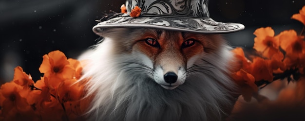 Photo fox with wide brimmed hat on blak background fashion fox style