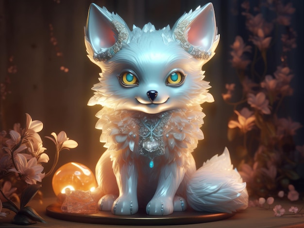 A fox with yellow eyes sits on a plate in a dark room.