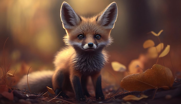 A fox in the woods with a leaf on it