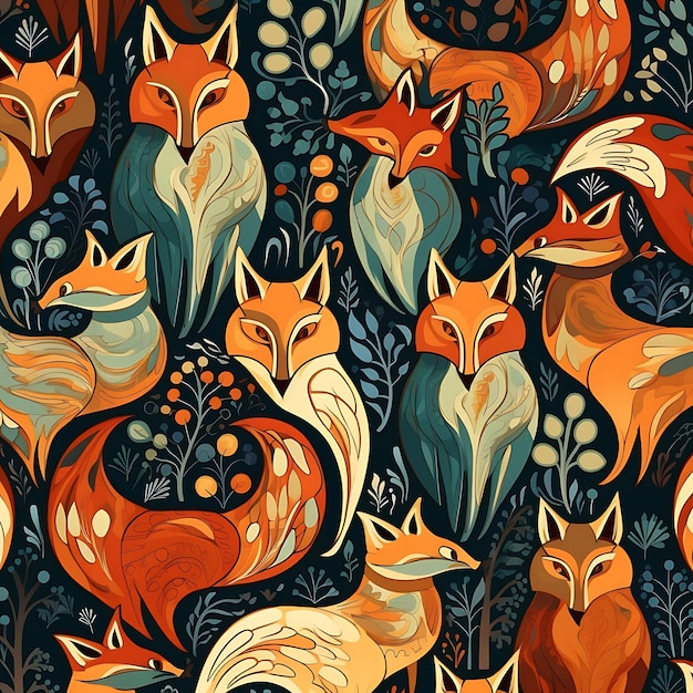 Photo foxes folk art pattern