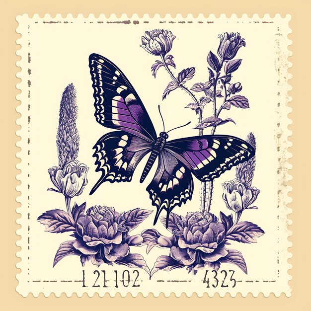 Foxglove Stamp With Monochrome Purple Color Butterfly and Sw Nature Sketch Line Art Frame Collect