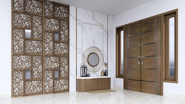 The foyer is like a hotel lobby, luxurious with marble walls and floors and carved partitions