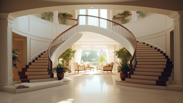 Foyer with curved staircase Generative AI