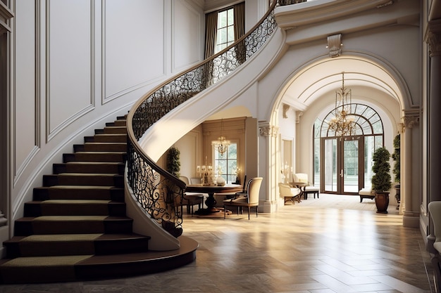 Foyer with curved staircase