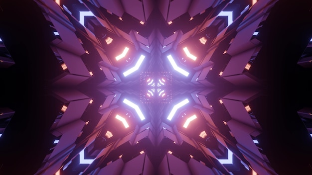 Fractal 3D illustratie van abstract symmetrisch patroon met felle neonverlichting en paarse lichten in duisternis