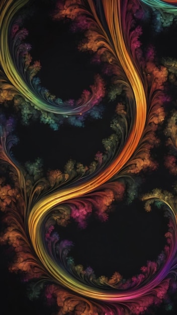 Fractal colored abstract round curves and lines on black background