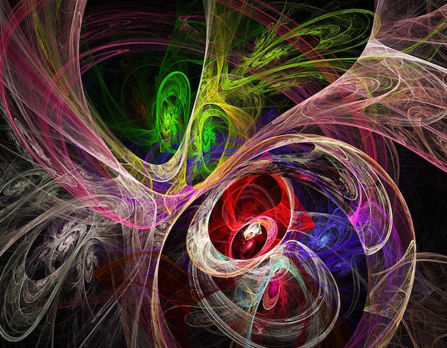 Fractal colored abstract  round curves and lines on black background