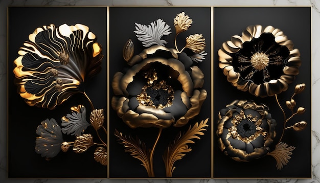 fractal flowers golden and black liquid marble background