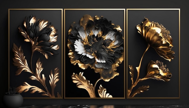 fractal flowers golden and black liquid marble background